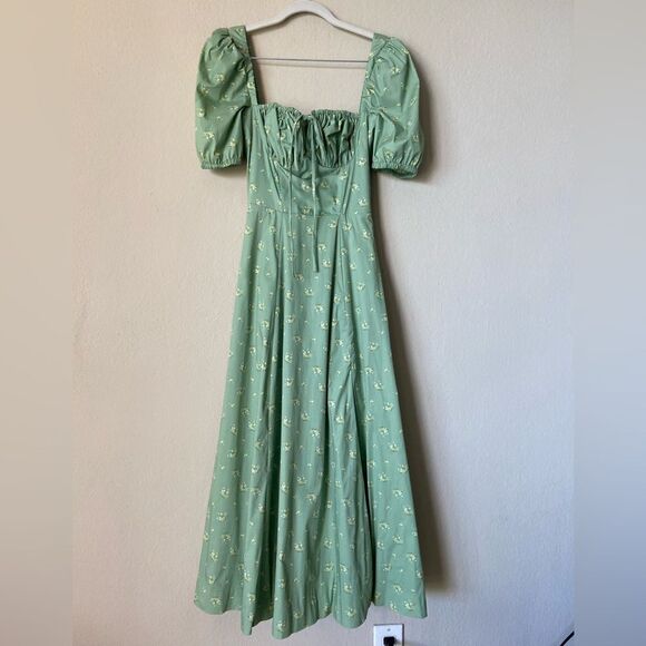 House of Cb Tallulah Olive Midi Green Dress Floral Puff Sleeve Size XS - Picture 11 of 14